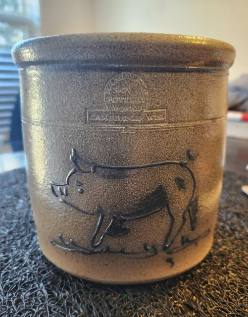 Vtg 1985 Rowe Pottery Works Salt Glazed Stoneware Pig Crock Farmhouse Kitchen