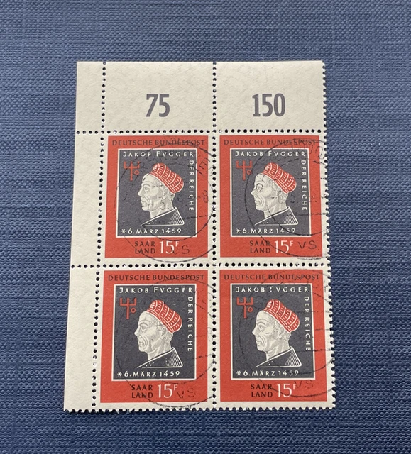 Saarland OPD 1959 Mi.-Nr. 445, Quartett Br. l / oben Bogenecke, gestempelt