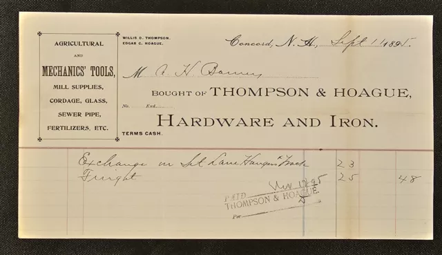 1895 Thompson & Hoague Hardware & Iron Billhead Receipt Concord NH