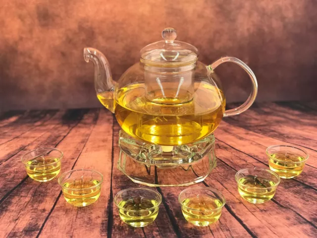 8 Piece Glass Tea Set 1500 ml Glass Teapot With Infuser + Teapot Warmer + 6 Cup