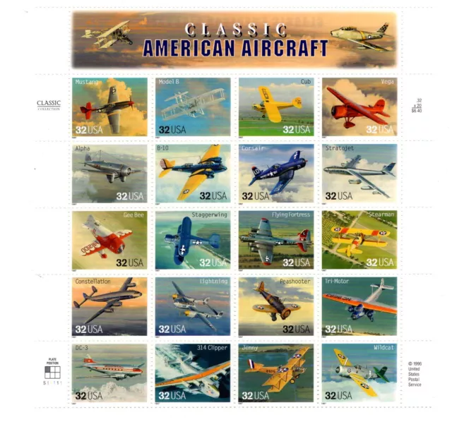 1997 32 cent Classic American Aircraft full Sheet of 20 Scott #3142, Mint NH