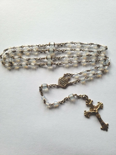 Vtg small Glass Beads Rosary Brass IHS Center Medal Crucifix