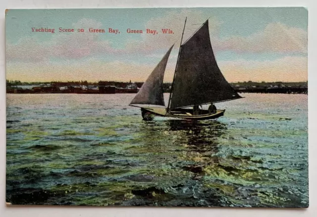 ca 1900s WI Postcard Green Bay Wisconsin Yachting Scene sailboat boat vintage