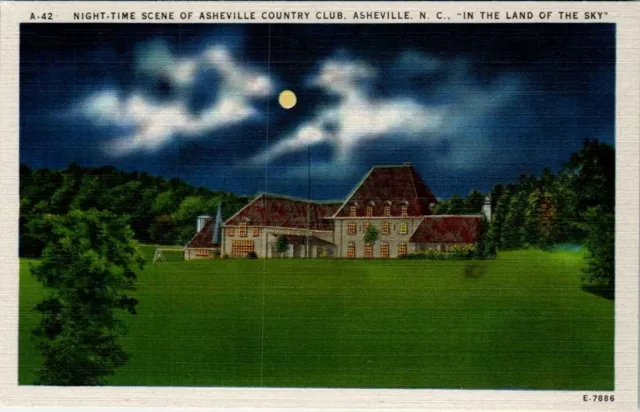 Linen Postcard Country Club Night View Asheville North Carolina NC UNP