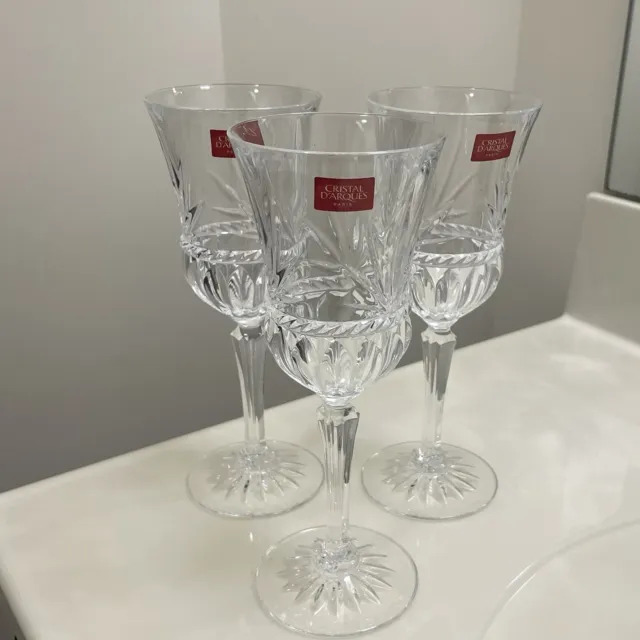 3 Vintage Cristal D'Arques Paris Wine Glasses Carthage Water Goblets 8 1/2"