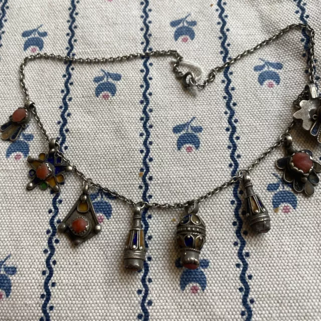 Très Beau Collier Kabyle Bijou  Berbère Argent Massif Émaillé