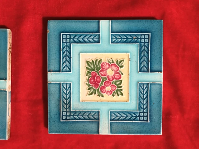 2 Piece Art Deco Flower Design Embossed Majolica Used Ceramic Tiles Japan 0309 5