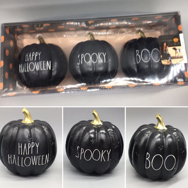 3pc Rae Dunn Happy Halloween Black Pumpkin Set Boo Spooky Stars Gold Stem 4" NEW