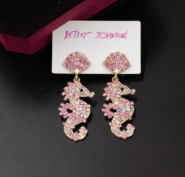 Betsey Johnson Pink rare Rhinestone hippocampus drop earrings Fashion Jewelry