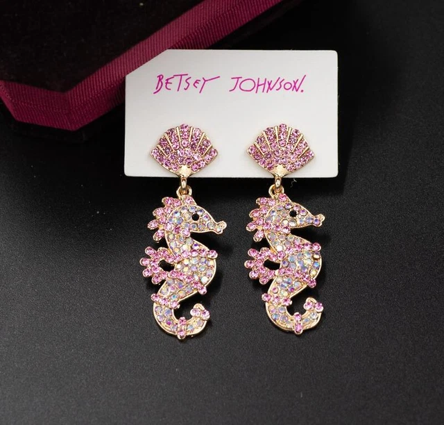 Betsey Johnson Pink rare Rhinestone hippocampus drop earrings Fashion Jewelry