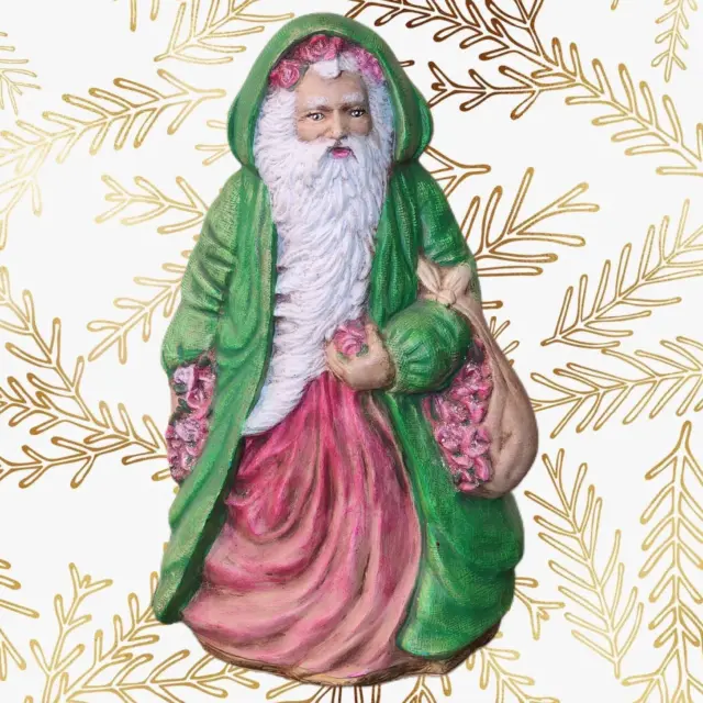 1991 Father Christmas Carrying Flowers Pink & Green Santa Ceramic Figurine 10.5"