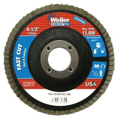 Vortec Pro Abrasive Flap Discs,4.5", 40 Grit, 7/8 Arbor, 13,000 Rpm, Phenolic