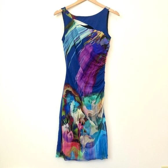 ELANA KATTAN Blue Rainbow Multicolor Sleeveless Cutout Sheath Party Dress Small
