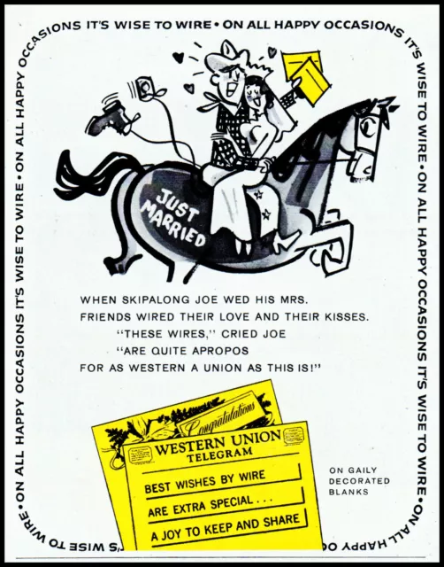 1958 Western Union Telegram just married couple on horse retro art print ad L10