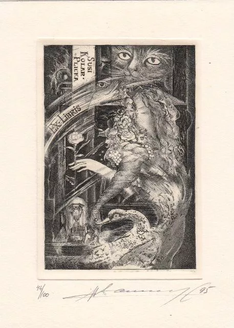 Exlibris Bookplate Radierung Sergiy Ivanov 1957 Opus 7 Chat Cygne Sablier