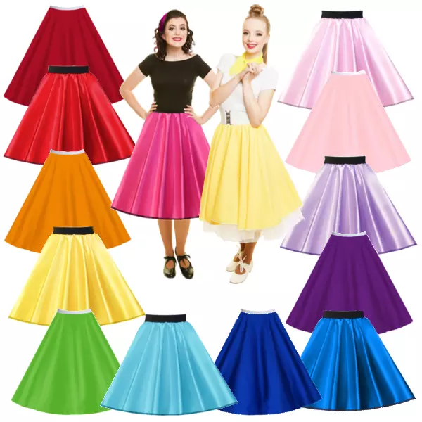 LADIES 50s skirt Musical Plain SATIN or Polyester Jive Rock Roll Circle Costume