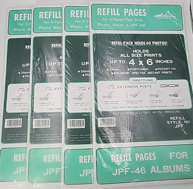 4 Pioneer Photo Album Refill Packs for JPF-46 Albums, Holds 60 Photos, New