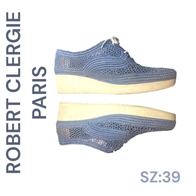 Robert Clergerie Paris Womens Blue Raffia Lisa Oxford Platform Shoes Sz 39 Us8.5