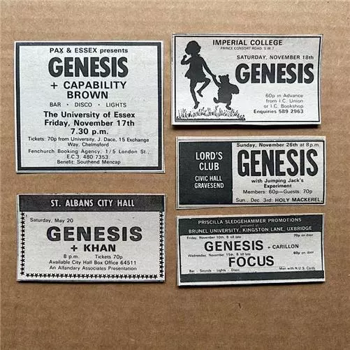 GENESIS SMALL GIG ADVERTS MEMORABILIA 5 small early original gig adverts from th