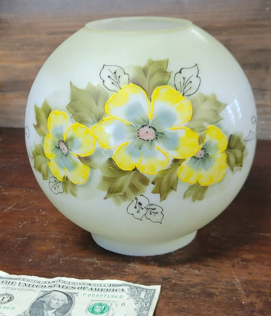 Antique vtg Floral Painted 7" Glass Ball Shade GWTW Parlor Lamp Flower 4" fitter