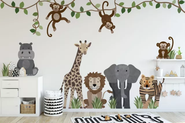 Safari Animals and Monkey Large Wall Decals, Jungle Animal Wall Stickers for