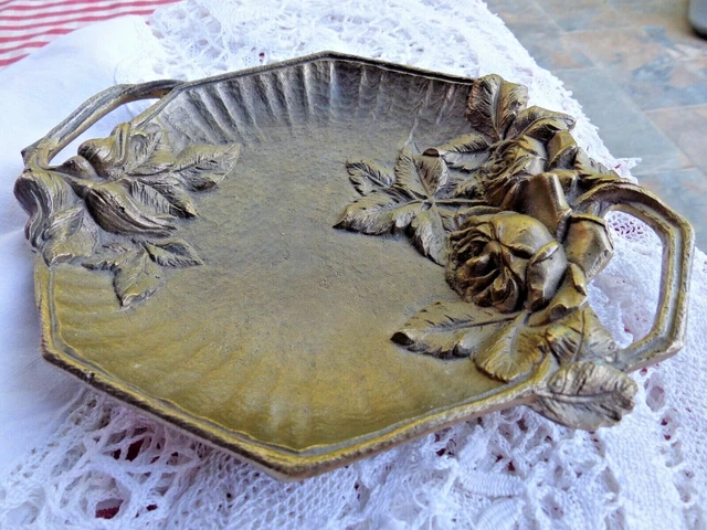 Ancien PLAT en Bronze coupe epoque Art Nouveau décor de roses Antique Dish