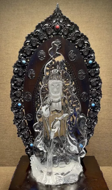 Chinese Exquisite Handmade Guanyin Carving Natural Crystal Statue 3
