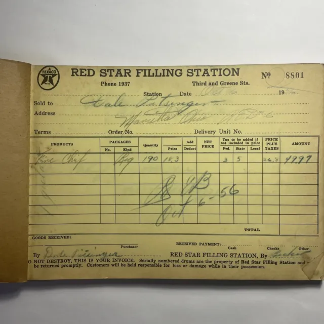 1956 Texaco Oil Red Star Filling Station Marietta Ohio Receipt Book - Dozens