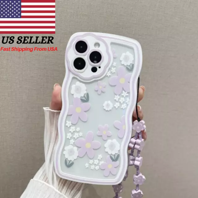 Brand New Cute Flower Print Clear Phone Case With Lanyard USA