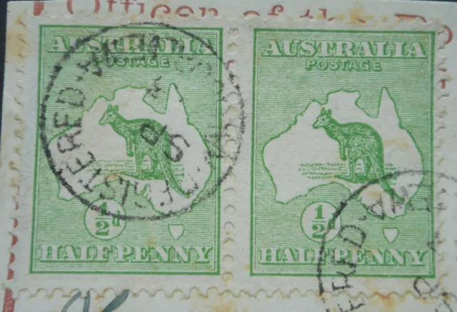 Australia 1913 Kangaroo Halfpenny pair with REGISTERED KALGOORLIE postmark