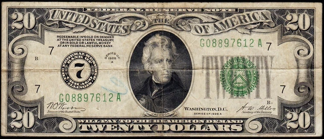 1934A Chicago $20 "Gold on Demand" Numeric Seal Federal Reserve Note VF Net