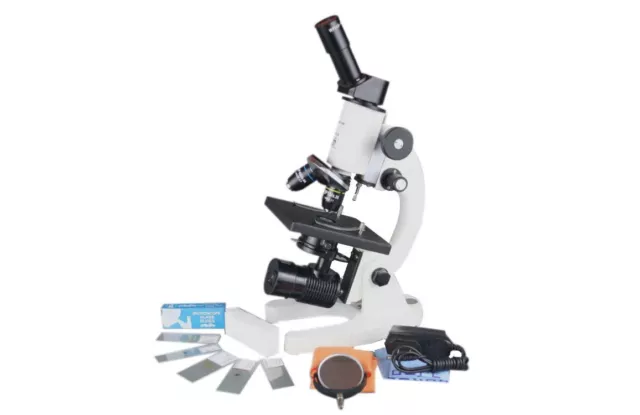 800x Compound LED Microscope w Abbe Condenser Fine Focus SEMI PLAN Optic Slides