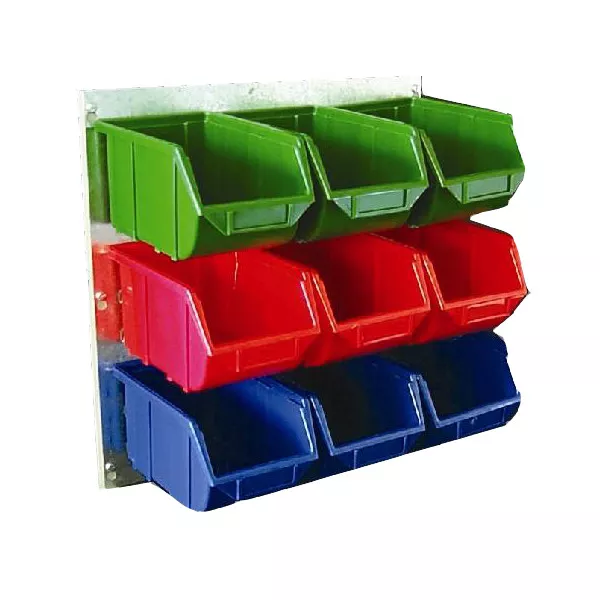 Wall Kit with 9 Plastic Parts Bins + Steel Louvre Panel Backplate 500x500mm