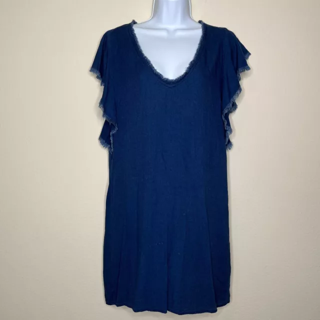 Splendid Womens Size Small V Neck Blue Ruffle Raw Hem Chambray Shift Dress