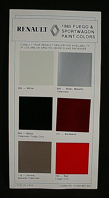 1985 Renault Fuego & Sport Wagon Paint Color Chip Chart - Original