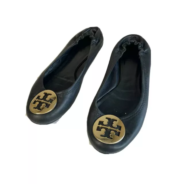 Tory Burch Minnie Leather Ballet Flats Womens Size 7.5 M Black Travel Metal Logo