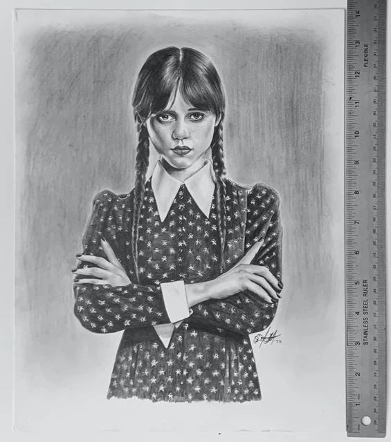 WEDNESDAY ADDAMS JENNA Ortega Original drawing pencil on paper signed ...