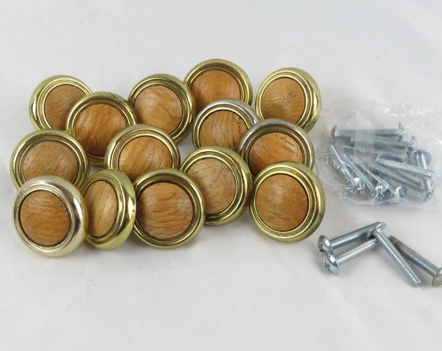 Amerock Cabinet Door Knob Lot of 14 Hardware Oak Wood Center  Brass 1-1/4"