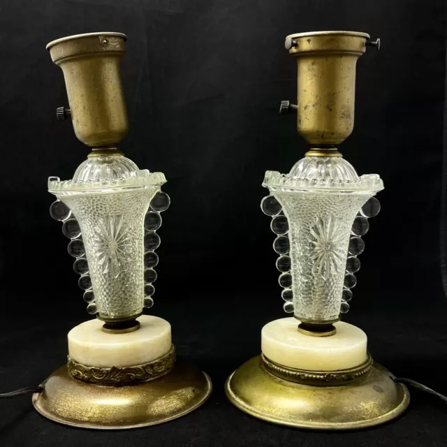 Pair Art Deco Clear Hobnail Bubble Glass Boudoir Table Lamps Alabaster Brass
