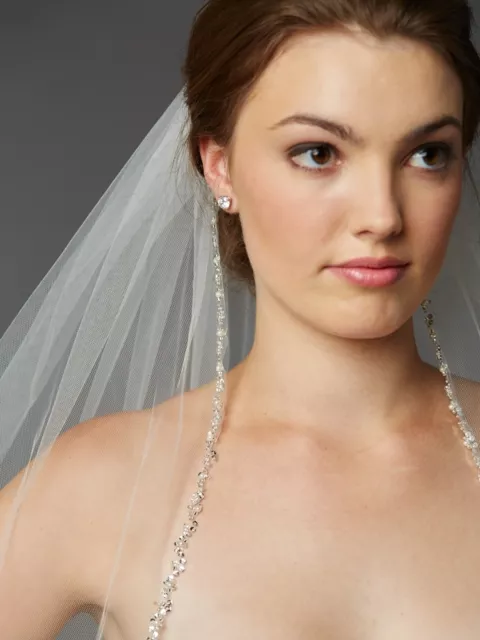 Ivory Crystal Pearl Sequin Beaded Edge Long Fingertip Bridal Wedding Veil 2