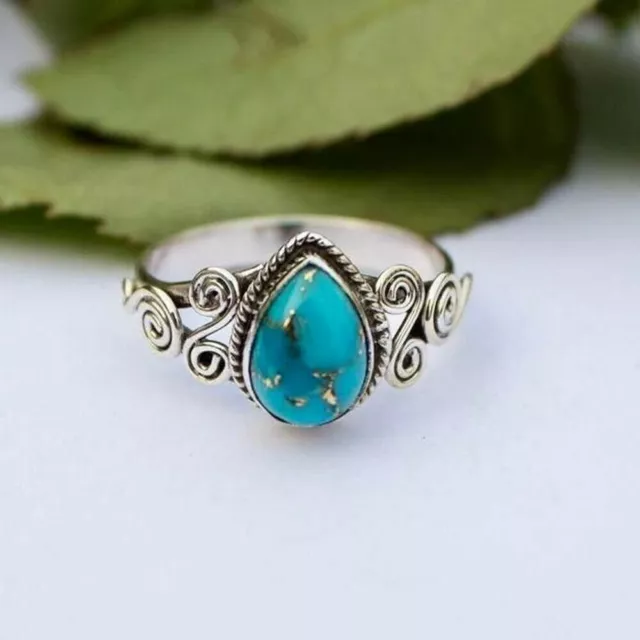 Bague en argent sterling 925 massif en forme de poire avec turquoise bleue...