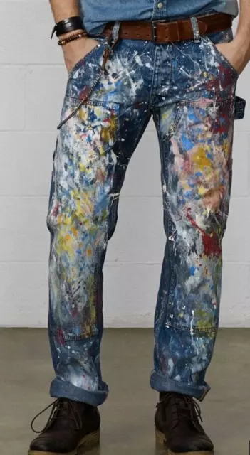 Ralph Lauren Polo Jeans Paint Splatter Sportsman Aztec Patchwork Denim RRL 34