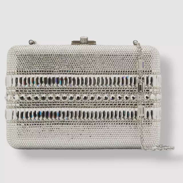 $3995 Judith Leiber Couture Women's Silver Allover Crystal Slim Clutch Purse Bag