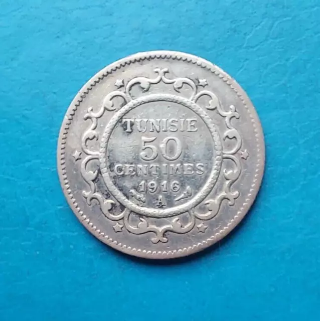 Tunisie Tunisia 50 centimes argent 1916 AH 1334 Lec.164 km 237 QUALITE !