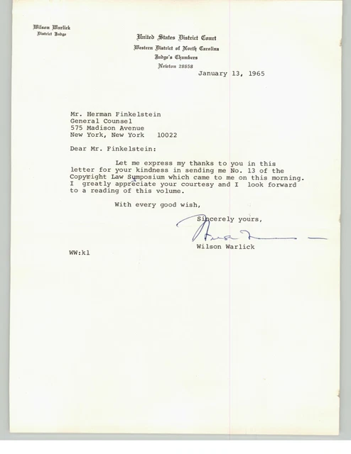 Judge Wilson Warlick Signed Herman Finkelstein Letter District Court ASCAP 1965
