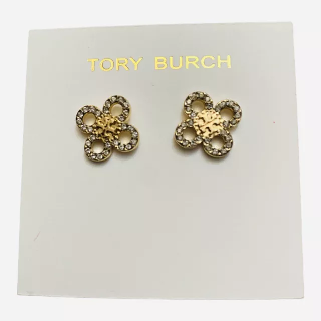 Tory Burch Britten Pave Cut Out Logo Gold Tone Stud Earrings NWT $98