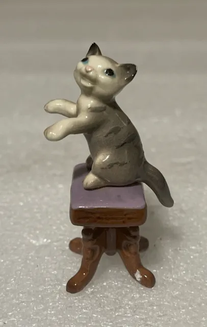 Vintage Hagen Renaker Mini Cat On Piano Stool Figurine - Gray Cat With Stripes