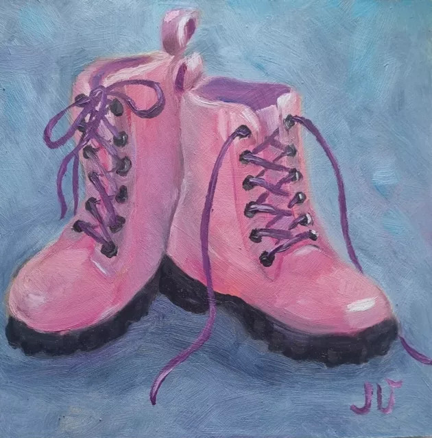 Pintura al óleo original Rosy Boots Girls Nursary decoración de pared 8x8...