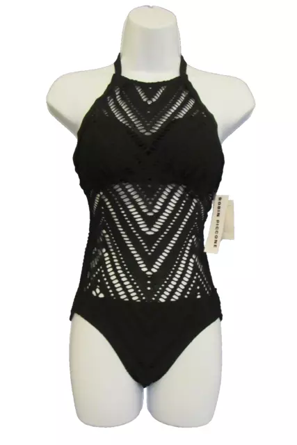 Robin Piccone Black Crochet Lace  Halter One-Piece Swimsuit  Size 8 $154 NWT