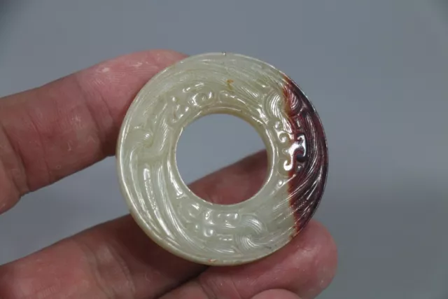 old Chinese Han Dy White jade Carved Great Dragon Figure Round Bi Pendant